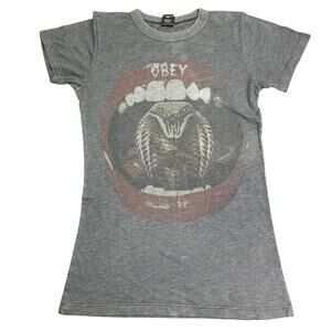 Vintage Obey T Shirt Womens Medium Gray Cobra Open Mouth Casual Made in USA 90s